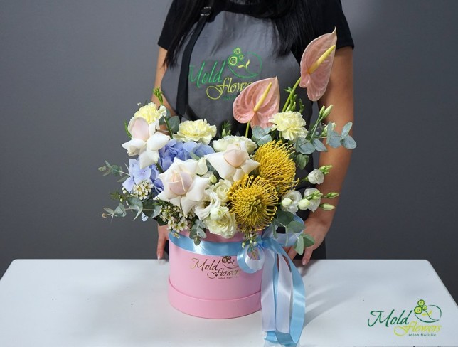 Box with hydrangea, roses, eustoma, and anthurium photo